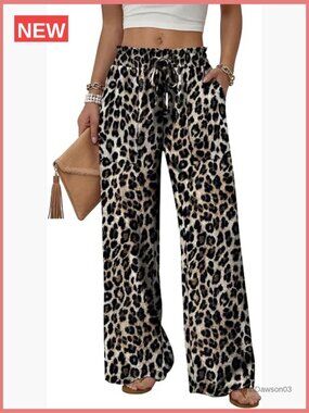 Wide Leg Palazzo Pants with Pockets Drawstring Elastic Waist Summer Trousers